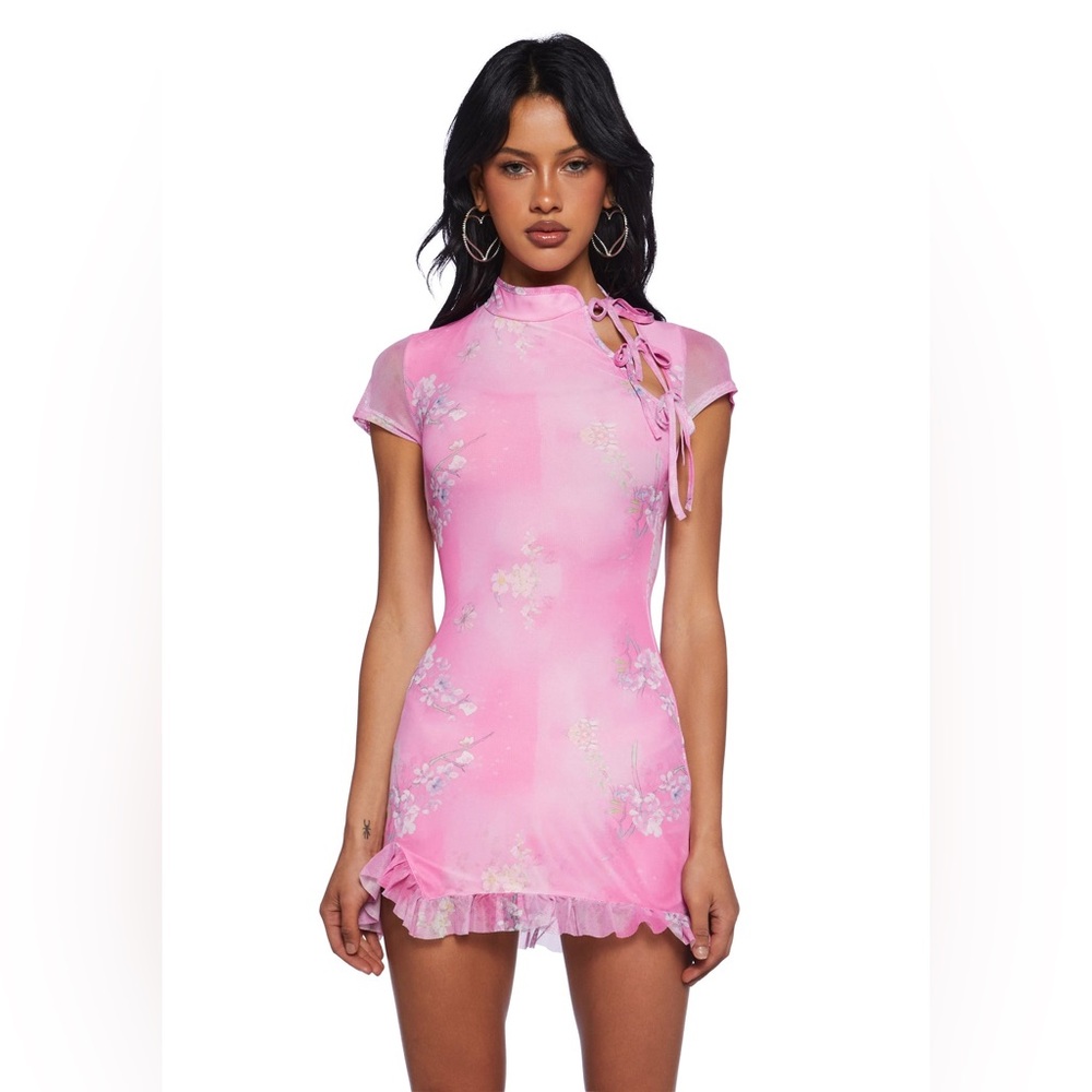 Dolls Kill Up Too Late Mesh Mini Floral Chinese Dress - Pink (S)